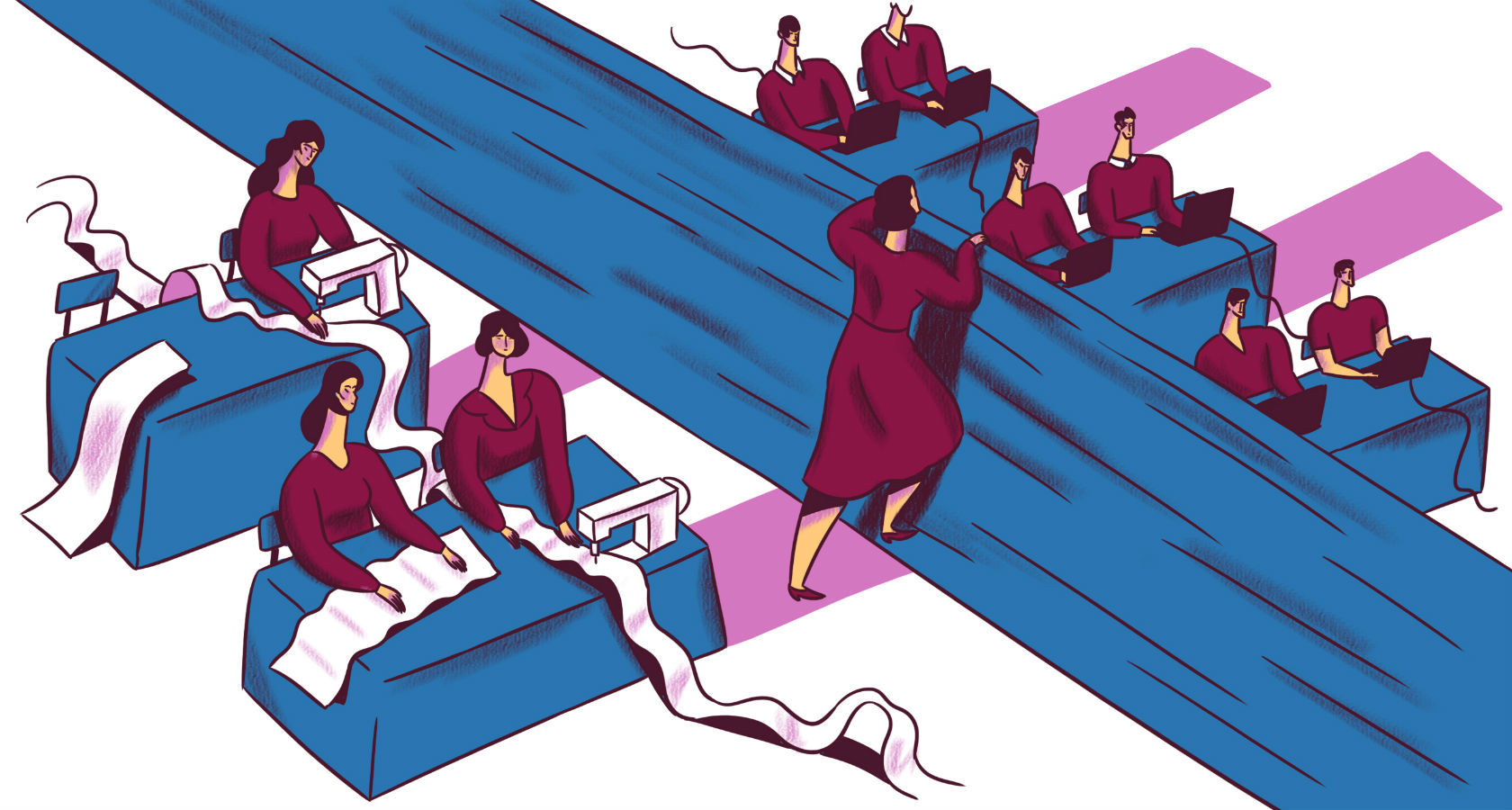 A depiction of a barrier between men and women in types of jobs. Illustration: Tatyana Zelenskaya