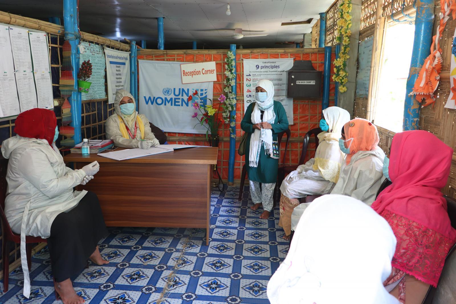 Rohingya women volunteers are oriented on COVID-19 related precautions and consulted on what they think are the key concerns and needs for women in their community. Photo: Marie Sophie Pettersson / UN Women Rohingya women volunteers are oriented on COVID-19 related precautions and consulted on what they think are the key concerns and needs for women in their community. Photo: Marie Sophie Pettersson / UN Women