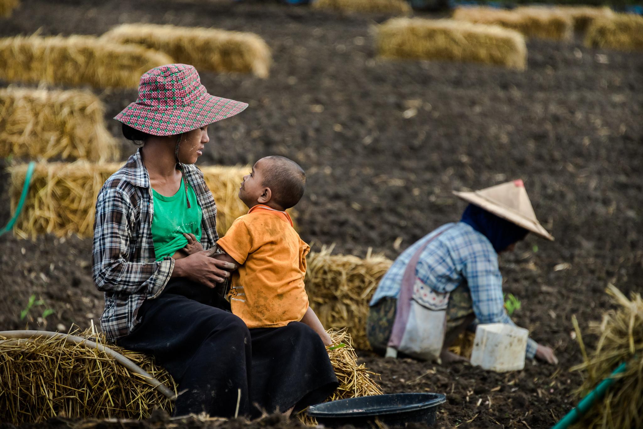 A Burmese migrant worker with her child in a field in Mae Sot, western Thailand. Photo: UN Women/Piyavit Thongsa-Ard